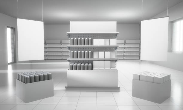 istock Set of shelves with white banners 1718131533