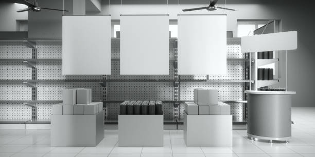 istock Set of shelves with white banners 1718131599