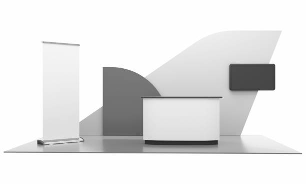 istock Exhibition stand design, Booth mock-up with roll-up banner, 3D rendering 1718132079