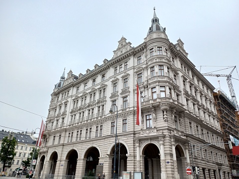 Vienna, Austria - June 8, 2023: Close up of buildings on the street of Vienna city, Austria in the morning.