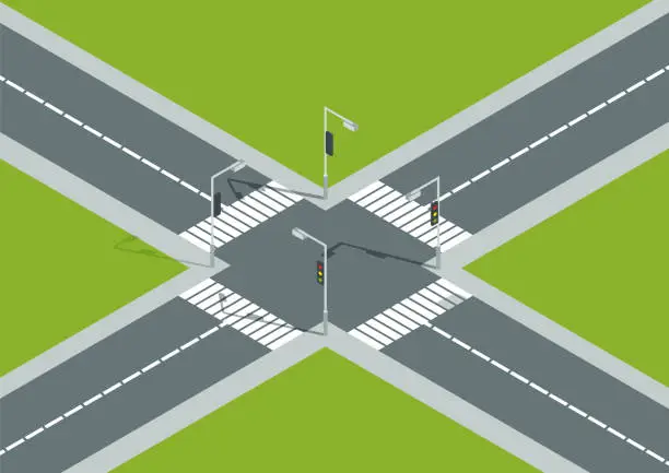 Vector illustration of City crossroad isometric view with road markings, traffic lights pedestrian zebra crossing. Urban traffic map for transport, vector graphic design elements. Empty road without cars