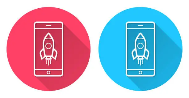 Vector illustration of Smartphone with rocket. Round icon with long shadow on red or blue background