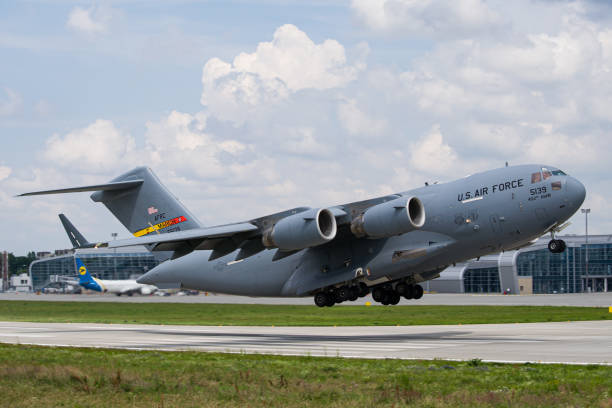 US Air Force Boeing C-17 Globemaster III military aircraft taking off from Lviv Airport