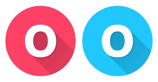 Vector illustration of Letter o. Round icon with long shadow on red or blue background