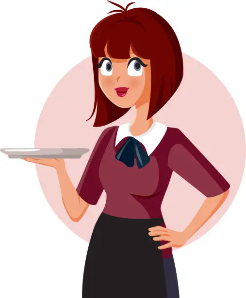Vector illustration of Smiling Waitress Holding a Tray Serving Customers Vector Character Illustration