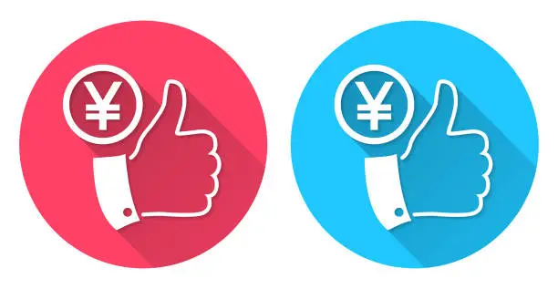 Vector illustration of Yen coin with thumbs up. Round icon with long shadow on red or blue background