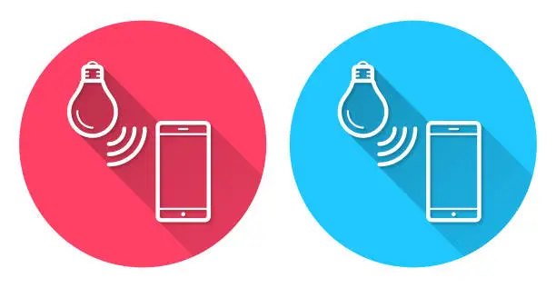 Vector illustration of Smart light bulb with smartphone. Round icon with long shadow on red or blue background