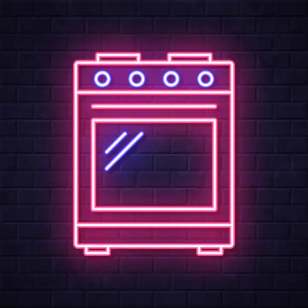 Vector illustration of Gas stove - gas range. Glowing neon icon on brick wall background