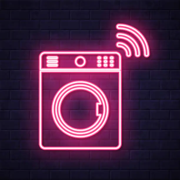 Vector illustration of Smart washing machine. Glowing neon icon on brick wall background