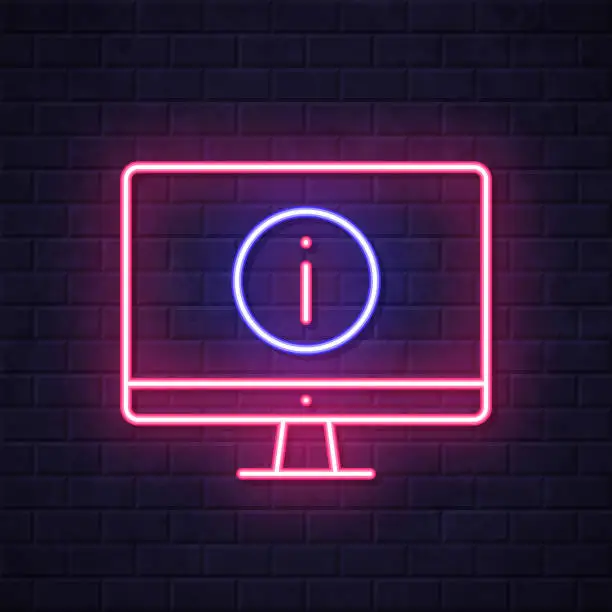 Vector illustration of Desktop computer with information sign. Glowing neon icon on brick wall background