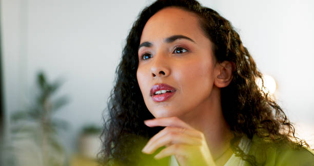 istock Business woman, face or thinking on computer in digital marketing office, web design studio or advertising branding startup. Closeup, young person using technology for website innovation or ideas 1718173204