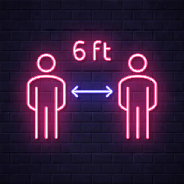 Vector illustration of Social distancing - 6 feet. Glowing neon icon on brick wall background