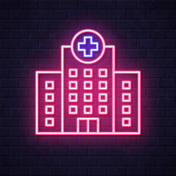 Hospital building. Glowing neon icon on brick wall background Icon of "Hospital building" in a realistic neon sign style. The icon is created with pink and purple/blue glowing neon lights on a dark brick wall. Modern and trendy illustration with beautiful bright colors. Vector Illustration (EPS file, well layered and grouped). Easy to edit, manipulate, resize or colorize. Vector and Jpeg file of different sizes. hospital building at night stock illustrations