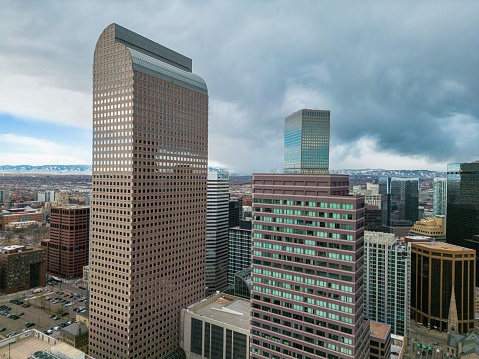 Aerial view of Denver, Colorado, USA featuring downtown skyscrapers and cityscape