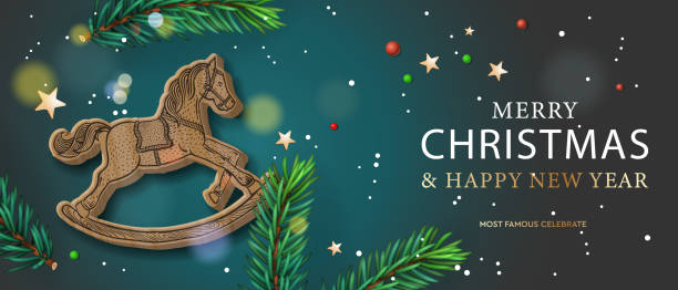 Christmas and New year web banner. Holiday design with wooden rocking horse, candy sticks and decorative green tree pine. Horizontal Christmas header template. Vector illustration vector art illustration