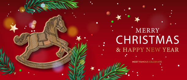 Christmas and New year web banner. Holiday design with wooden rocking horse, candy sticks and decorative green tree pine. Horizontal Christmas header template. Vector illustration vector art illustration