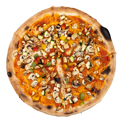 Pizza Vegetariana on a white background. Vegan topping out of vegetables like mushrooms, pepper, tomatoes, zucchini and aubergine. Delicious Italian meal isolated.