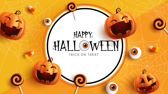 Happy halloween text vector template design. Halloween trick or treat in circle space with pumpkins characters and eyeball elements for holiday season background. Vector illustration greeting card design.