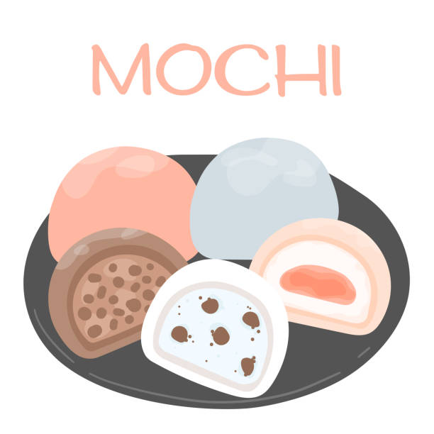 Traditional Japanese Daifuku Mochi dessert. Rice fruit dessert on wood plates. Asian sweet food. Hand drawn flat vector illustration. Mochi on a wooden board, isolated on white background. Traditional Japanese Daifuku Mochi dessert. Rice fruit dessert on wood plates. Asian sweet food. Hand drawn flat vector illustration. Mochi on a wooden board, isolated on white background. deli pie stock illustrations