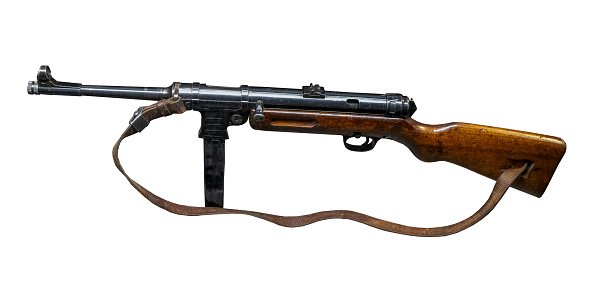 Old gun machine isolated on white background. Military pistol. Retro rifle.