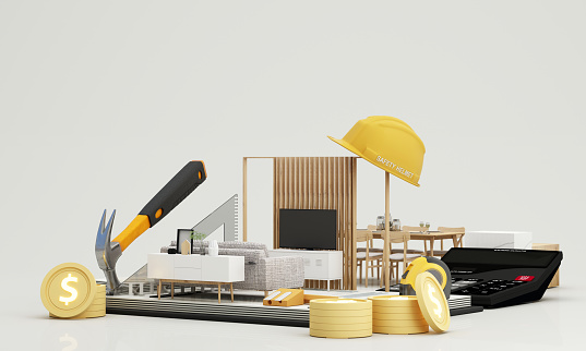 interior design concept of the contractor and construction cost estimation Through pictures of living rooms Surrounded by carpentry equipment for renovations, safety first. cartoon style. 3d render