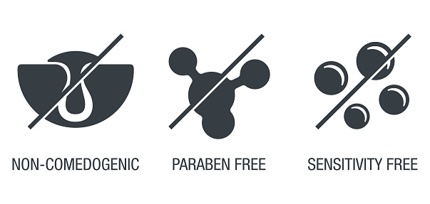Flat monochrome icons set for skincare products - Sensitivity free, Paraben-free, Non-comedogenic