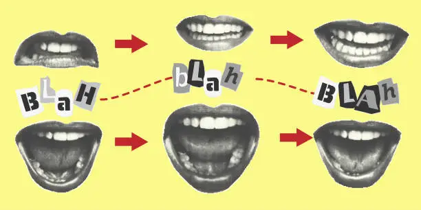 Vector illustration of Collection collage elements. open mouth, teeth, lips and cut out text halftone style. Scream, hate, fake news concept. Punk y2k retro magazine clippings on yellow background. Vector illustration.