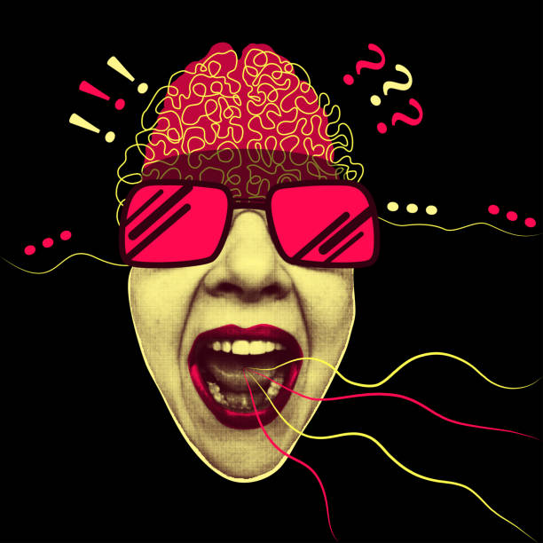 istock Trending halftone style collage poster. Scream, hate, fake news concept. Open mouth, teeth, lips and cut out text . Punk y2k retro magazine clippings on black background. Vector illustration. 1718248562