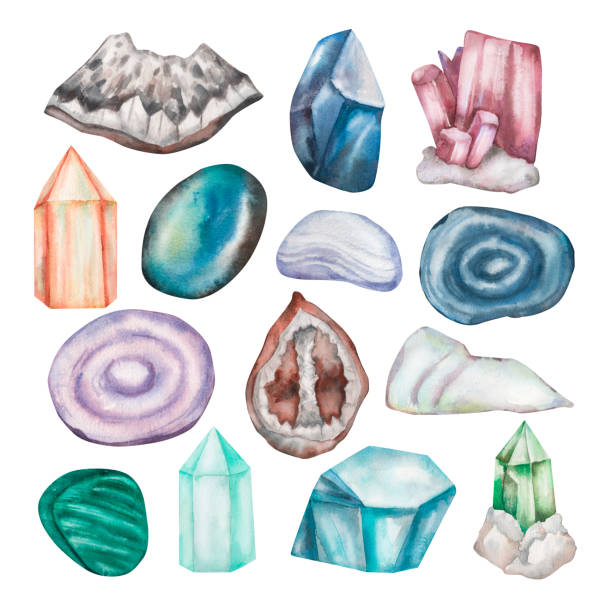 ilustrações, clipart, desenhos animados e ícones de aquarela isolar colorido aglomerado de cristal gemstone elementos de pedra preciosa no fundo branco desenhado à mão. topázio, opala, ametista, rubi, granada, citrino - rock malachite rough crystal