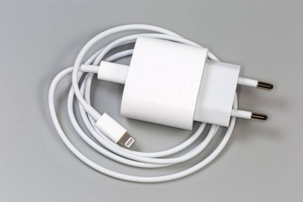istock Electronic devices charger with AC Europlug and connected Lightning cable 1718263191