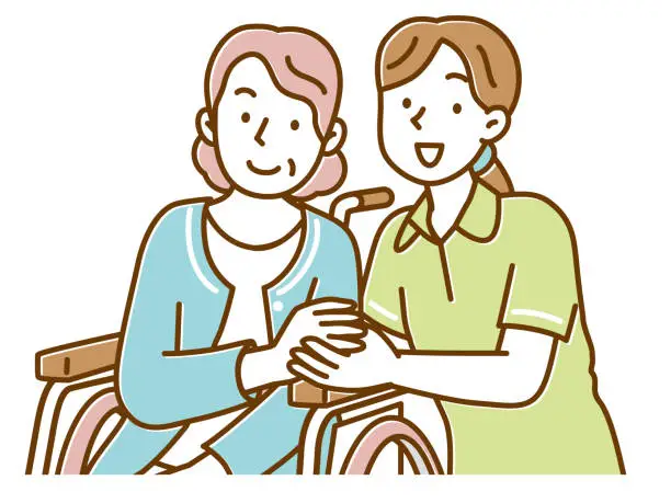 Vector illustration of A young female caregiver and a senior woman in a wheelchair holding hands
