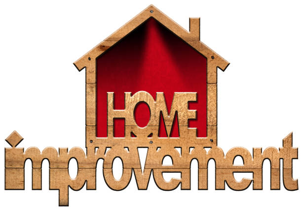 Small wooden house with text Home Improvement, isolated on white background with copy space. 3D illustration.