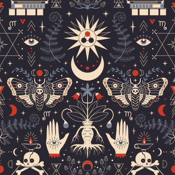 stockillustraties, clipart, cartoons en iconen met gothic whimsical pattern with alchemy and occult symbols - heks