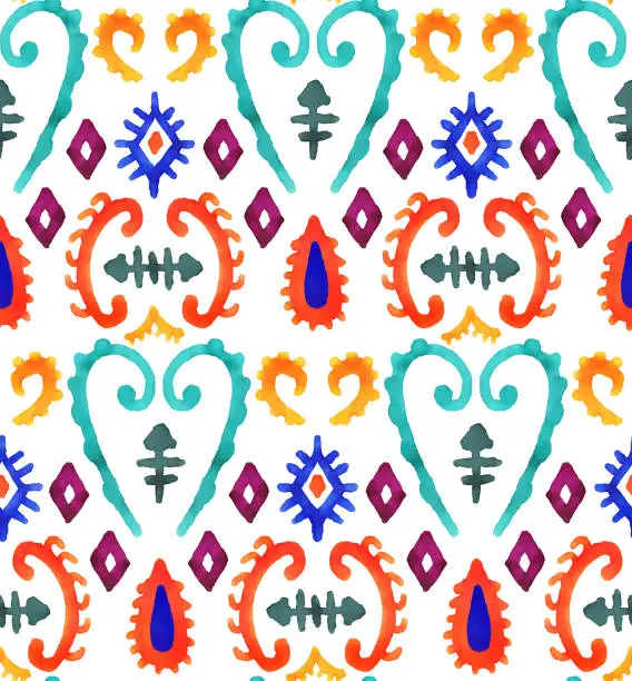 Vector illustration of Hand Drawn Modern Multi Colored Ikat Seamless Pattern. Bohemian Style Pencil Drawing Design Element. Pastel Drawing Vector Tile Pattern. Gypsy, Indian Traditional Design. Vector tile pattern, Lisbon Arabic Floral Mosaic, Mediterranean Ornament.