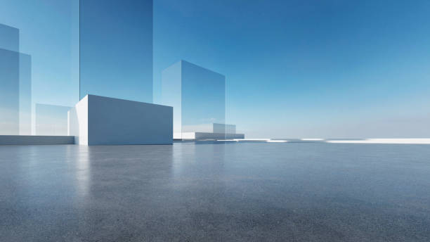 3d render of abstract futuristic glass architecture with empty concrete floor.