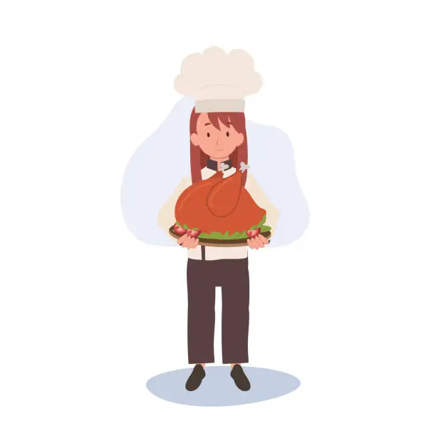 Vector illustration of Young Chef in Chef Hat and Apron is Serving Whole Roasted Turkey.