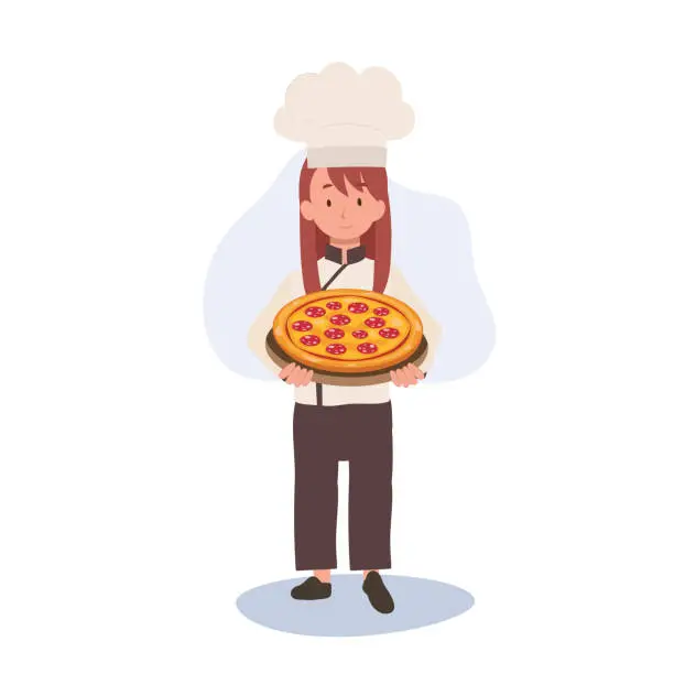 Vector illustration of Young Chef Cooking Delicious Homemade Pizza. Child Chef in Chef Hat Serving Pizza