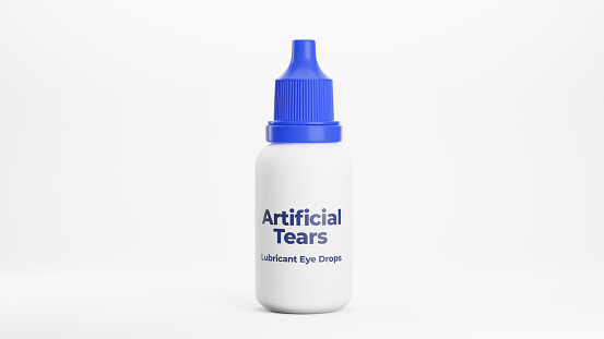 Artificilal tears in a bottle on white background. Lubricating eye drop used to prevent eye dryness. Clean 3d rendered illustration.