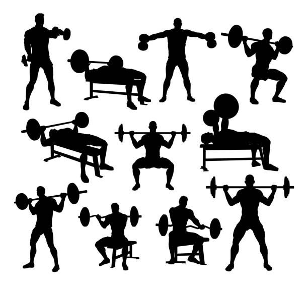 Weight Lifting Man Weightlifting Silhouette Set A weight lifting muscle man or bodybuilder weightlifting weights in silhouette set dumbbell silhouette stock illustrations
