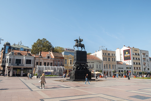 Nis, Serbia - 10/03/2023: Cityscape of the city of Nis on King Milan main square on an early  sunny October morning.