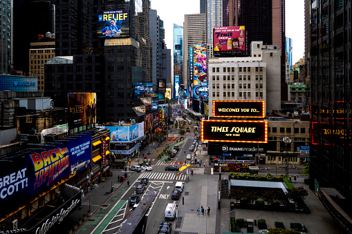 New York City, NY, USA - December 23 2023: wide angle view of Times Square with billboards at nighttime