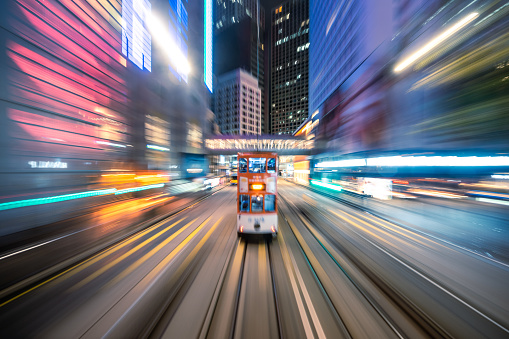 Motion blur of trams moving in the central district, Hong Kong, China