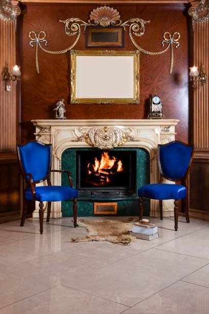 istock Luxury house decoration with blue chairs, red carpet and fire place 1718324734