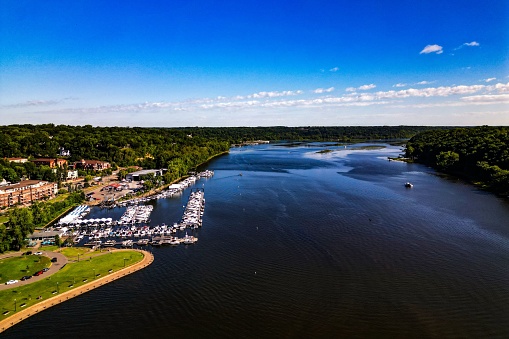 An aerial view of St Croix River in Stillwater, Minnesota