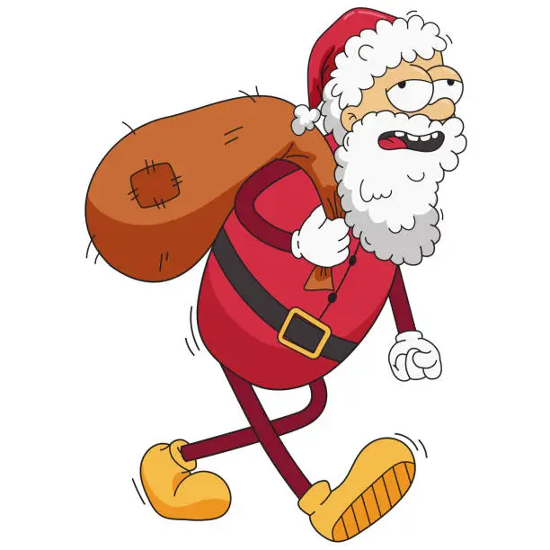 Vector illustration of Tired Santa Claus with bag on his back. Retro cartoon character in the style of old school. Christmas character