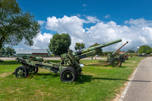 Hatten, France - August 20, 2021: Artillery guns from World War II in Musee de l'Abri in Hatten, Bas-Rhin department in the Alsace region of France