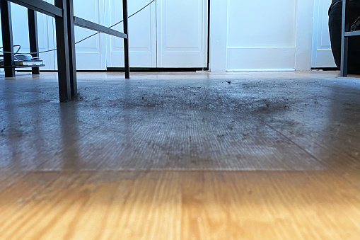 A clutter of dusty clumps on a grimy floor symbolizes the need for a professional cleaning service to restore cleanliness and order.