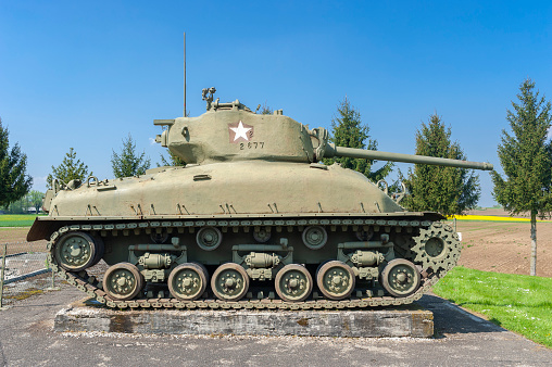 Hatten, France - May 05, 2022: Esch casemate near Hatten as part of former Maginot Line. Here exhibition of M4 Sherman tank. Bas-Rhin department in the Alsace region of France