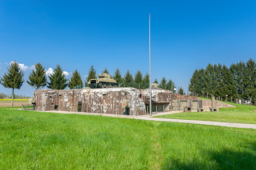 Hatten, France - May 05, 2022: Esch casemate near Hatten as part of former Maginot Line. Here bunker with M4 Sherman tanks. Bas-Rhin department in the Alsace region of France