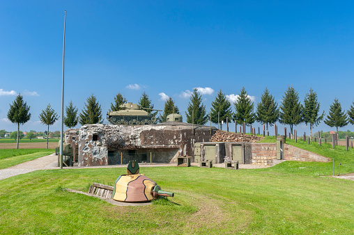 Hatten, France - May 05, 2022: Esch casemate near Hatten as part of former Maginot Line. Here bunker with M4 Sherman tanks. Bas-Rhin department in the Alsace region of France